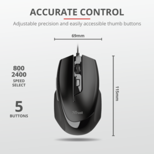 Trust Voca Comfortable miš žičani, easy-to-use, crni,800-2400 DPI, optički, 6 tipki, usb 2.0 - Slika 1